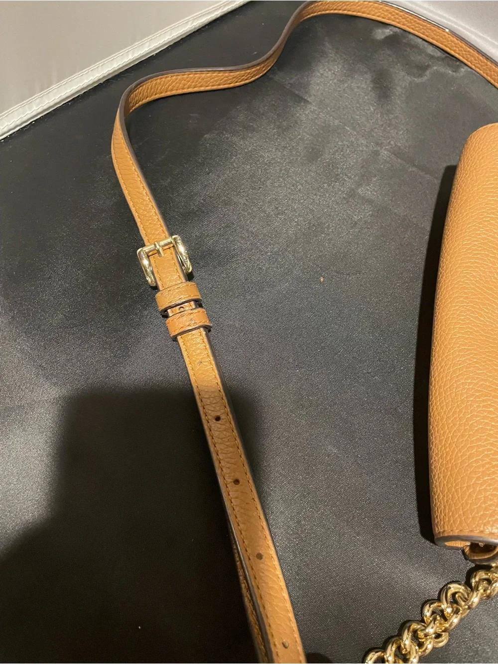 Michael Kors Brown/White Logo Crossbody Bag, Snap Closure, Gold Hardware